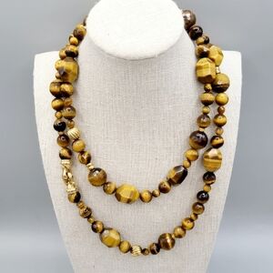 David Yurman Signature Tiger Eye Bead Cable Gold Buckle Necklace